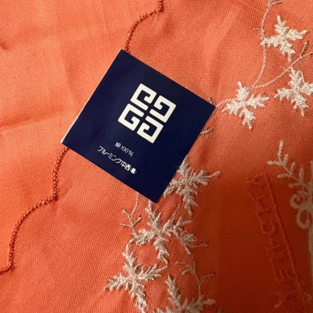 Vtg GIVENCHY Scarf Handkerchief Floral Embroidery Cotton Orange White 19.5